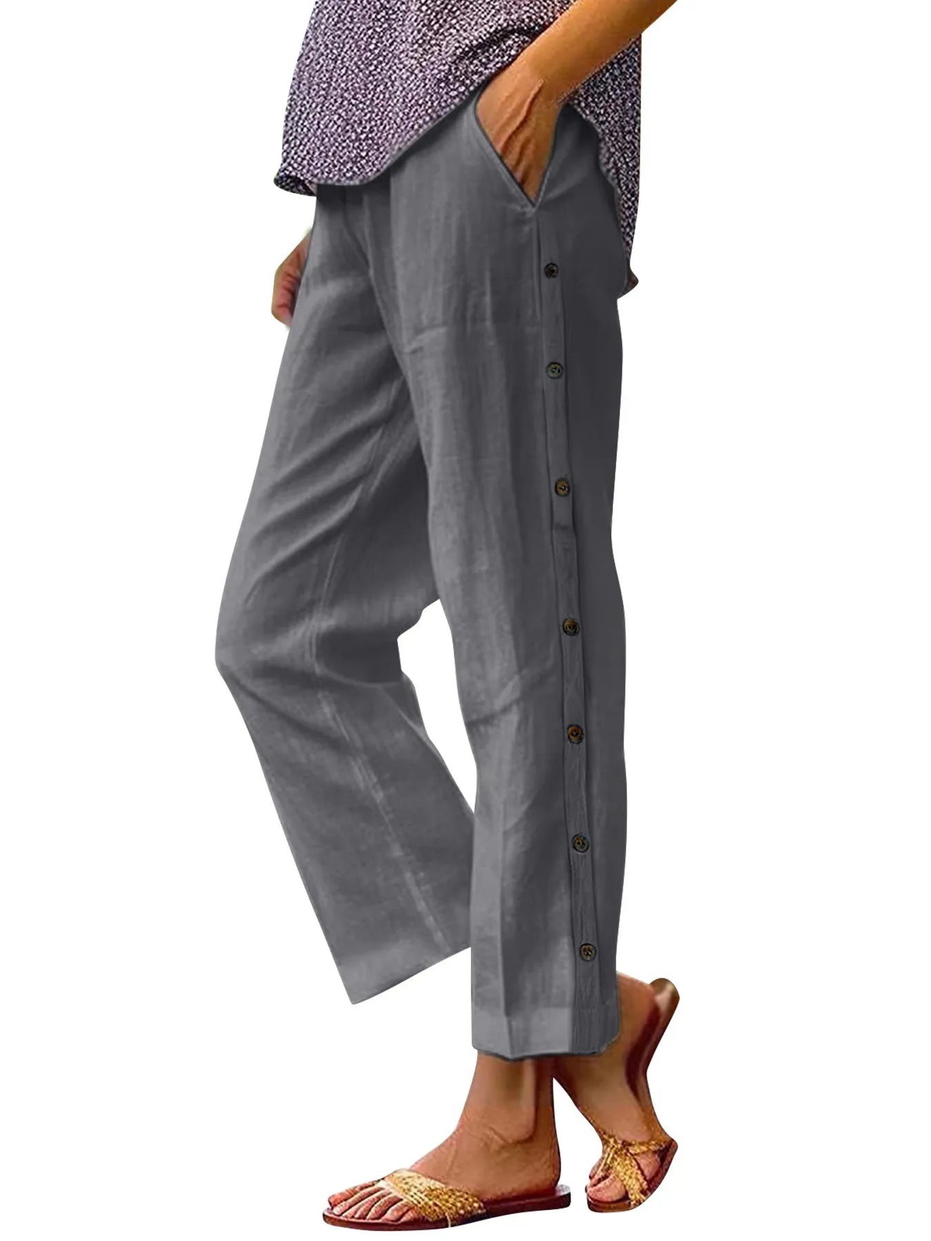 Women Full Size Side Decor Button Casual Wide Leg Pants Plus Size nicholesgifts