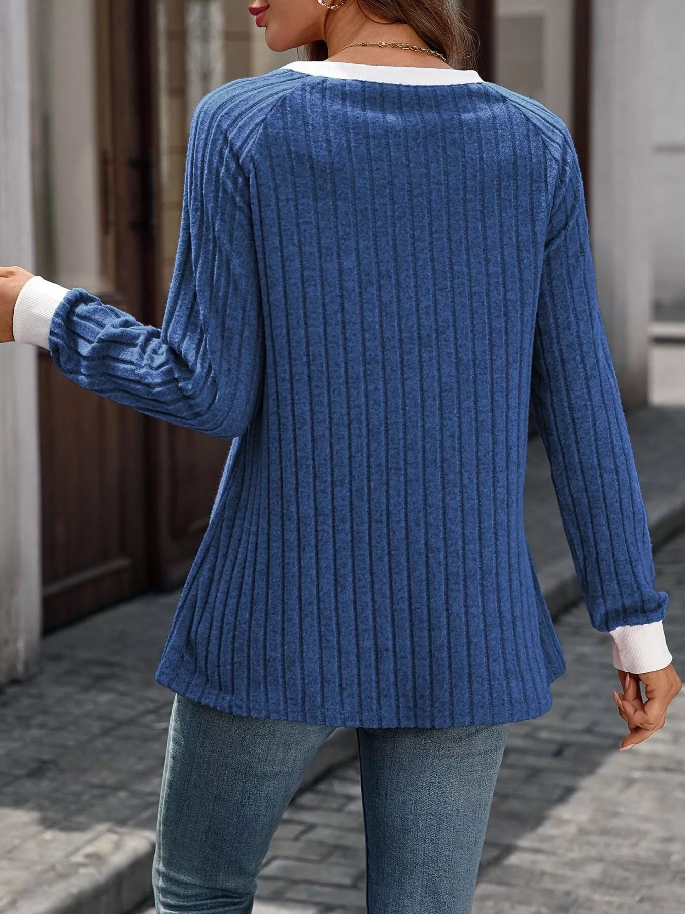 Ribbed Round Neck Raglan Sleeve Knit Top Trendsi