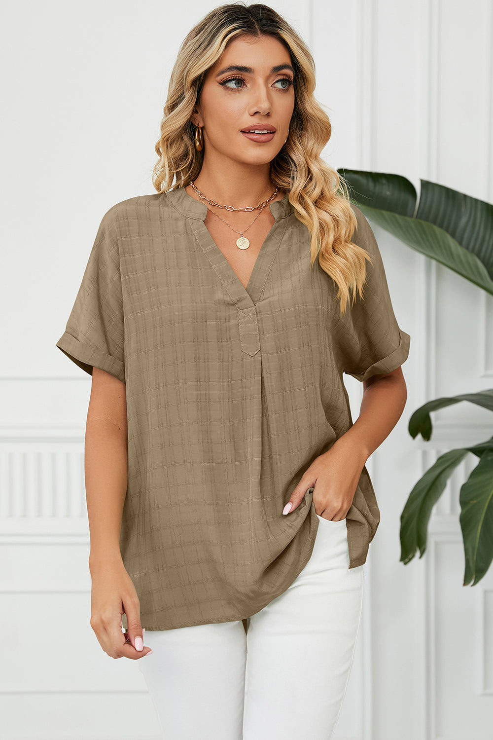 Women Ruched Notched Short Sleeve Blouse nicholesgifts