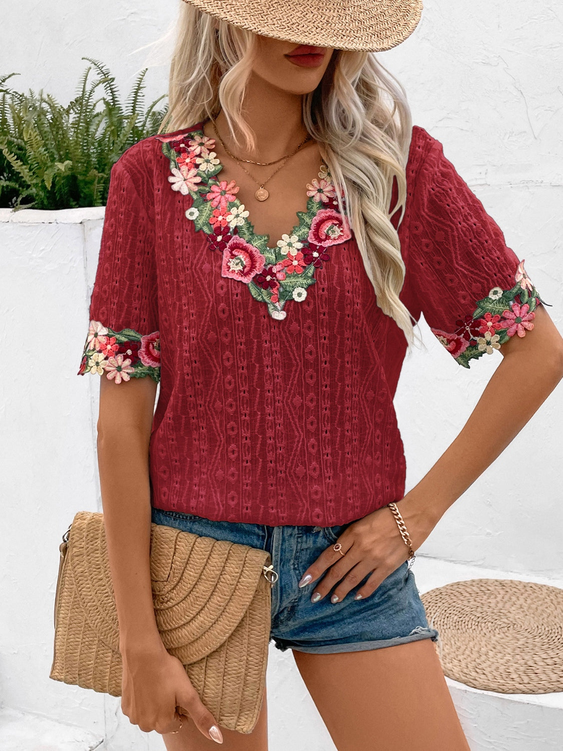 Eyelet Embroidered V-Neck Short Sleeve Blouse nicholesgifts