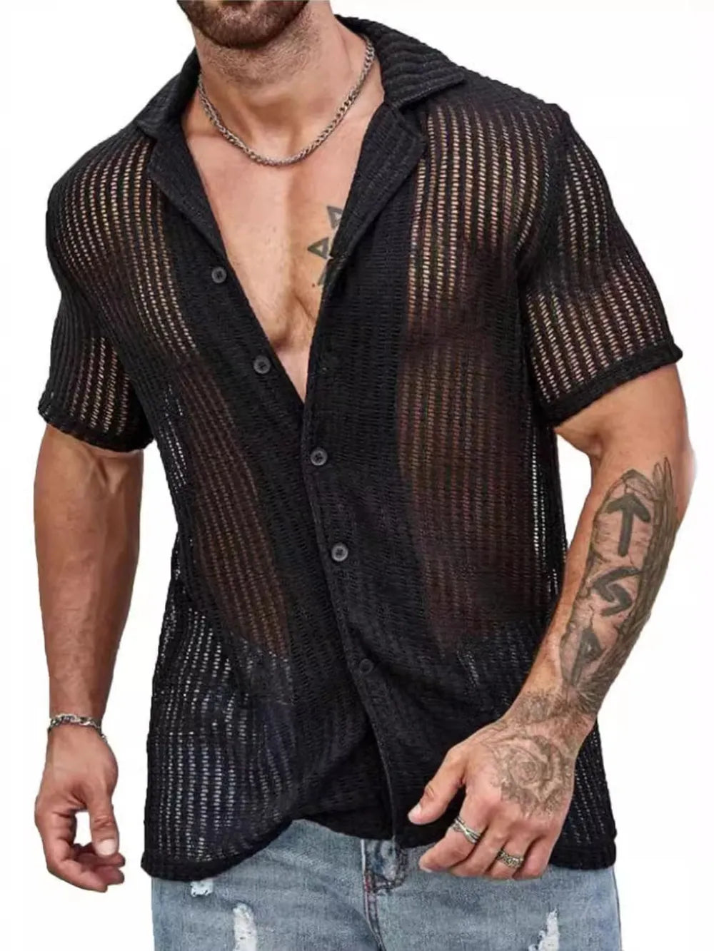 Men's Full Size Openwork Button Down Short Sleeve Shirt Plus Size NicholesGifts
