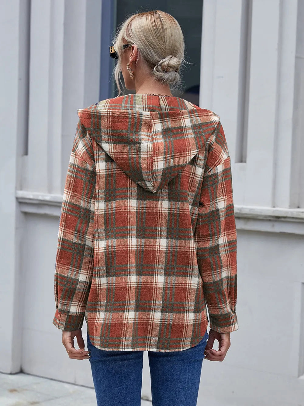 Ivy Lane Plaid Button Up Long Sleeve Hooded Jacket nicholesgifts