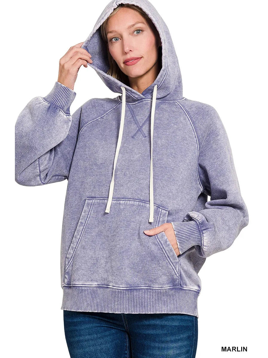 Zenana Acid Wash Fleece Hoodie with Kangaroo Pocket