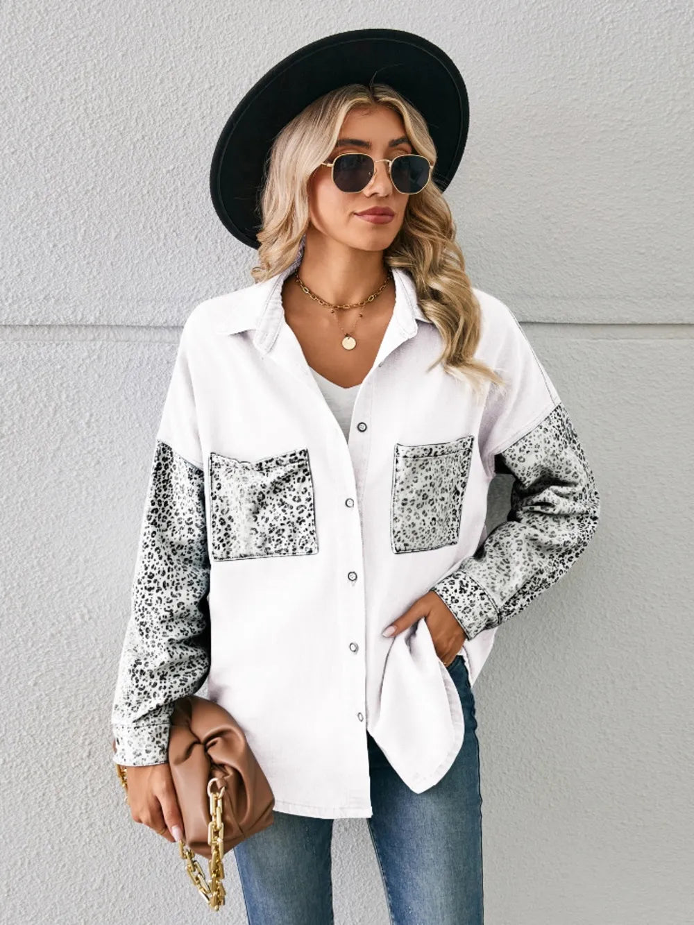 Leopard Button Up Denim Jacket nicholesgifts