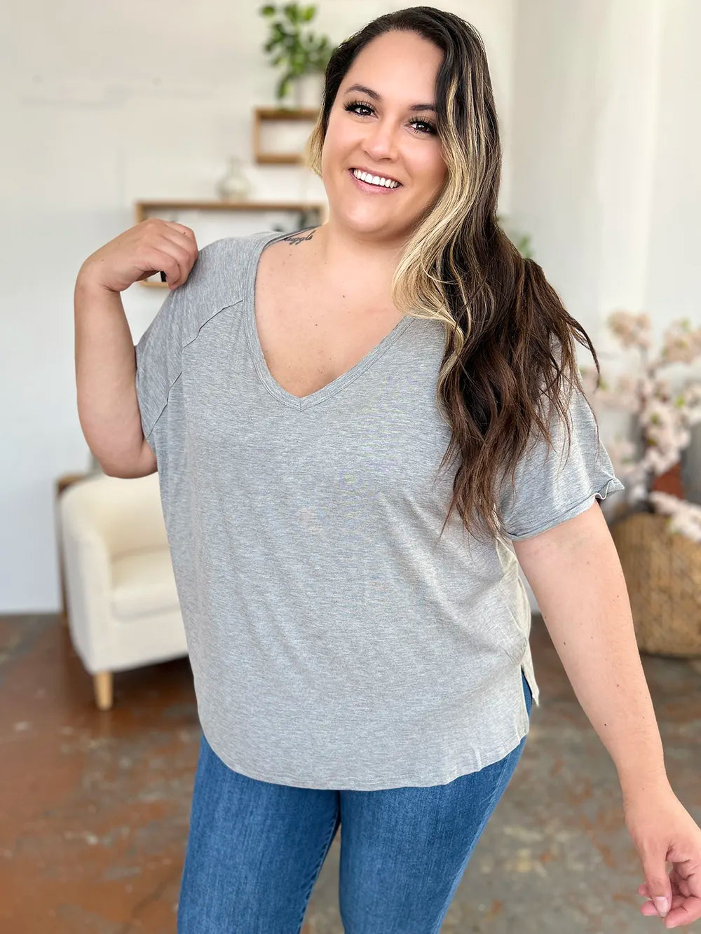 Basic Bae Full Size Bamboo Slit V-Neck Short Sleeve T-Shirt NicholesGifts