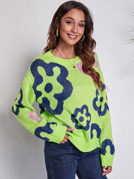 Flower Pattern Round Neck Long Sleeve Sweater Trendsi