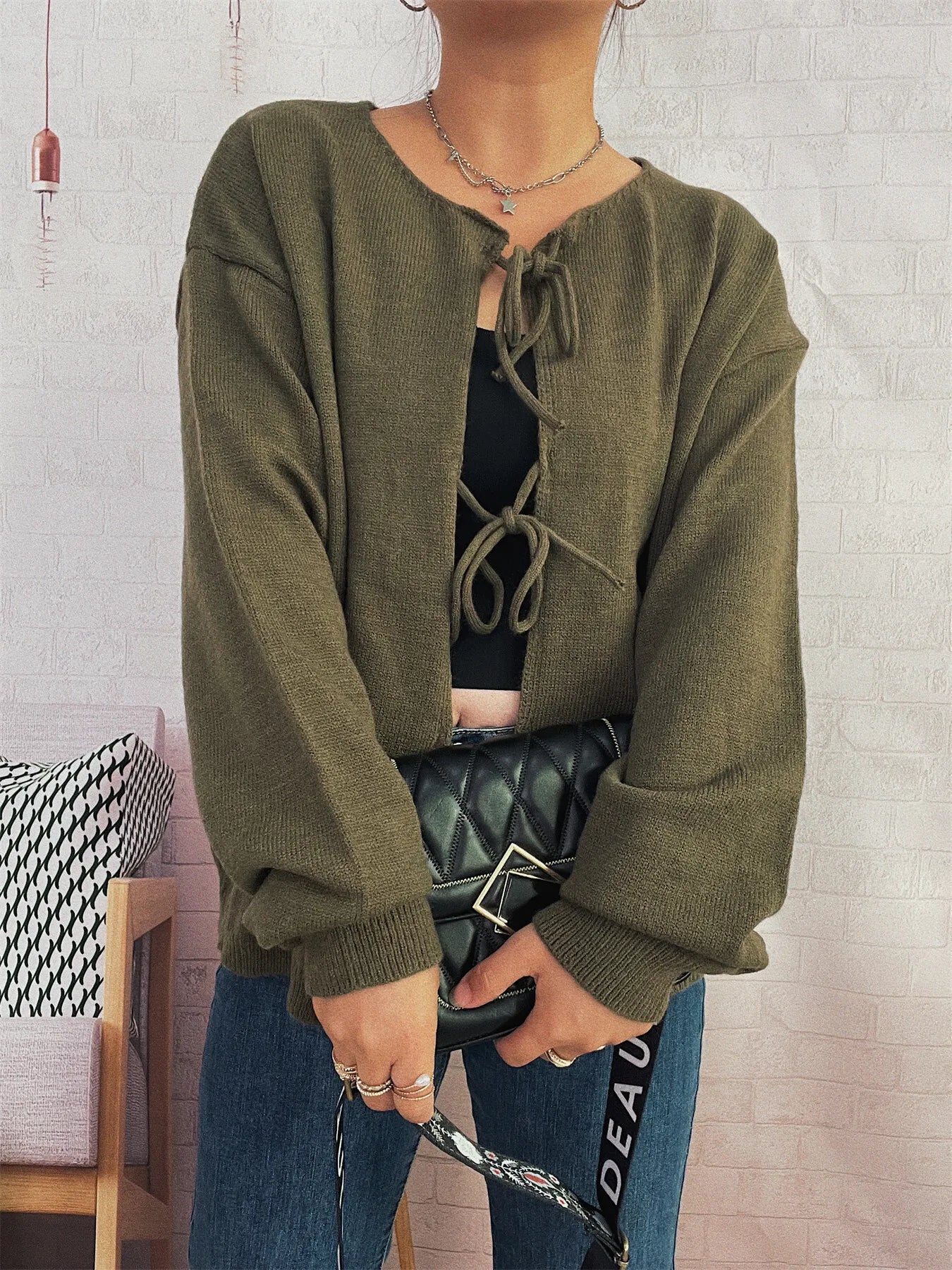 Tie Front Drop Shoulder Cardigan Trendsi