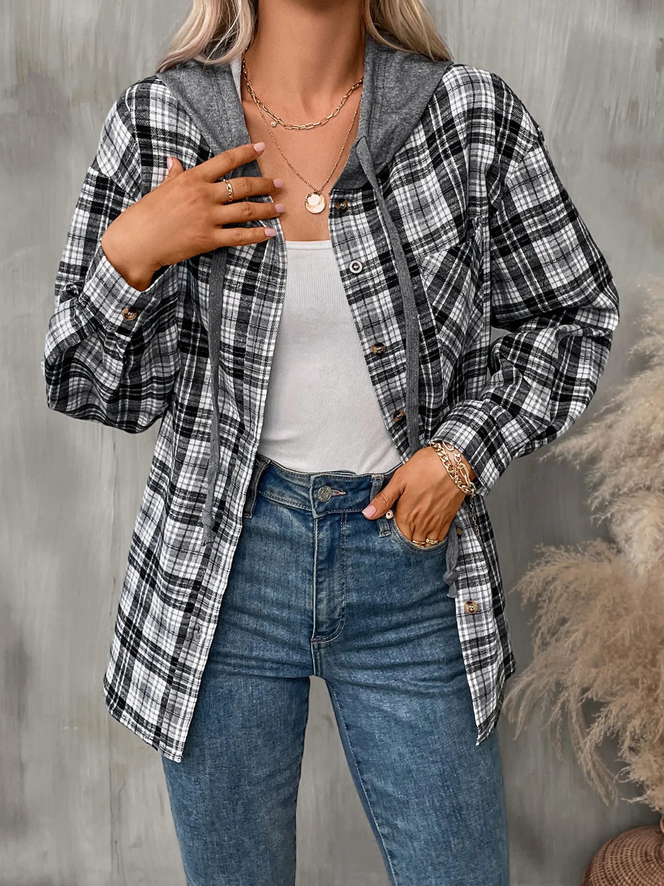 Plaid Button-Up Hooded Shirt NicholesGifts