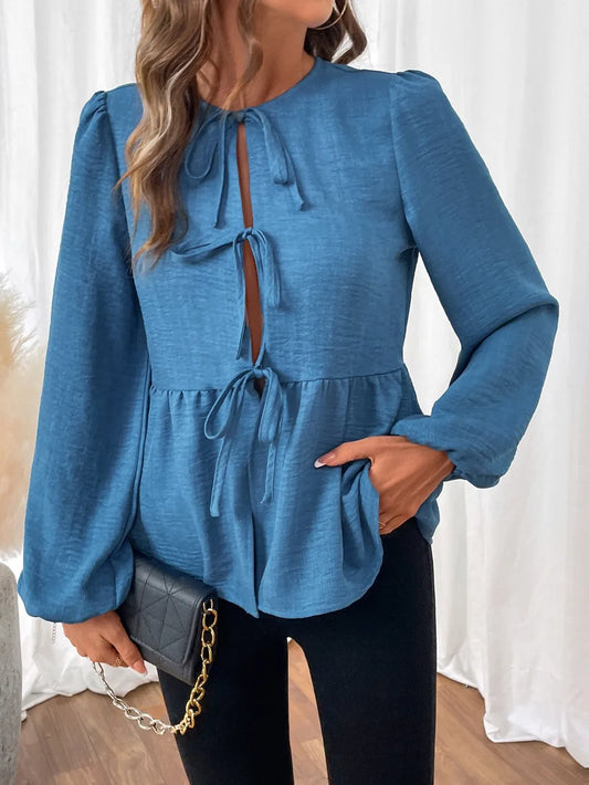 Peplum Tie Neck Balloon Sleeve Blouse NicholesGifts