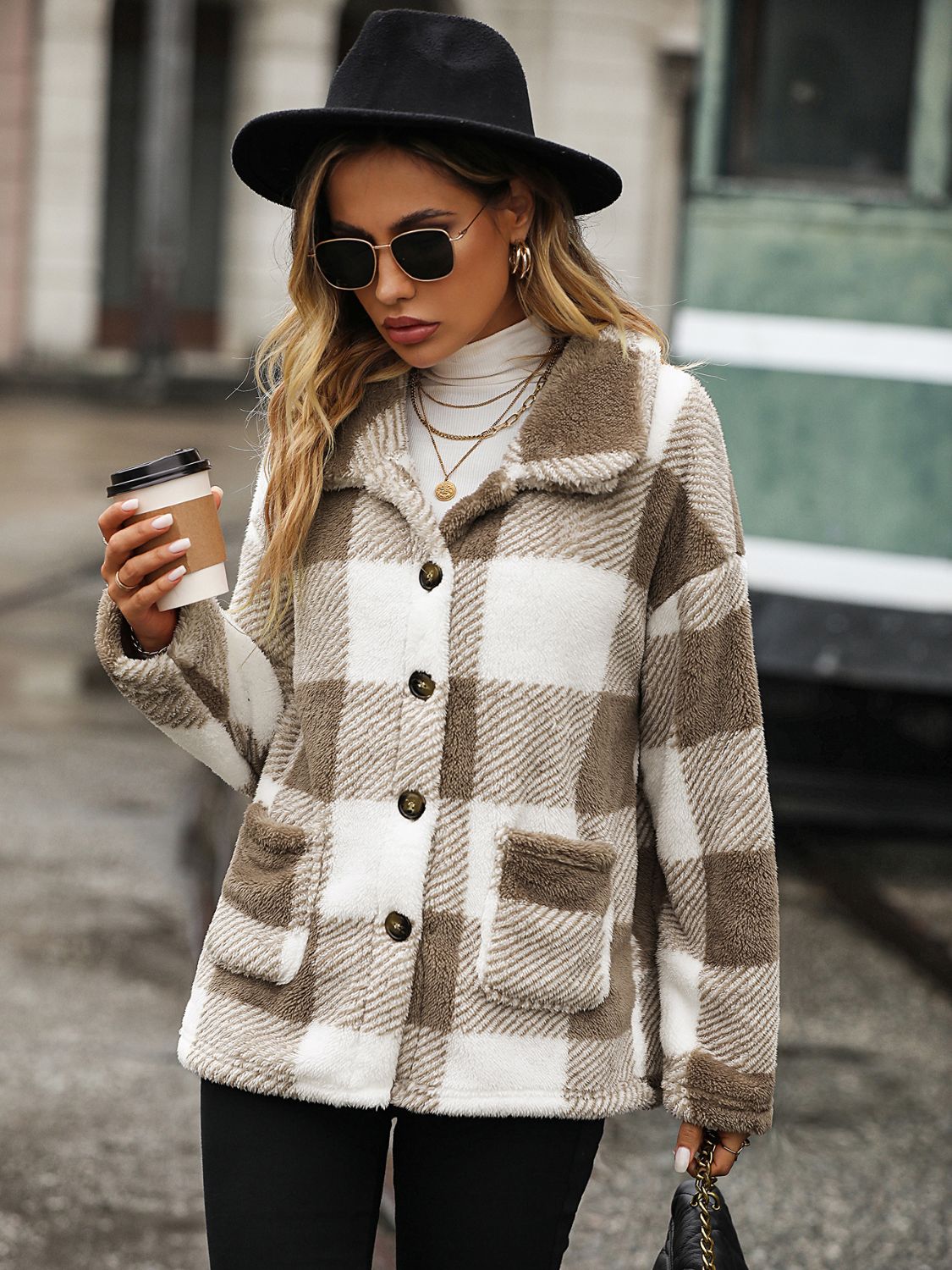 Plaid Collared Neck Button Down Jacket nicholesgifts