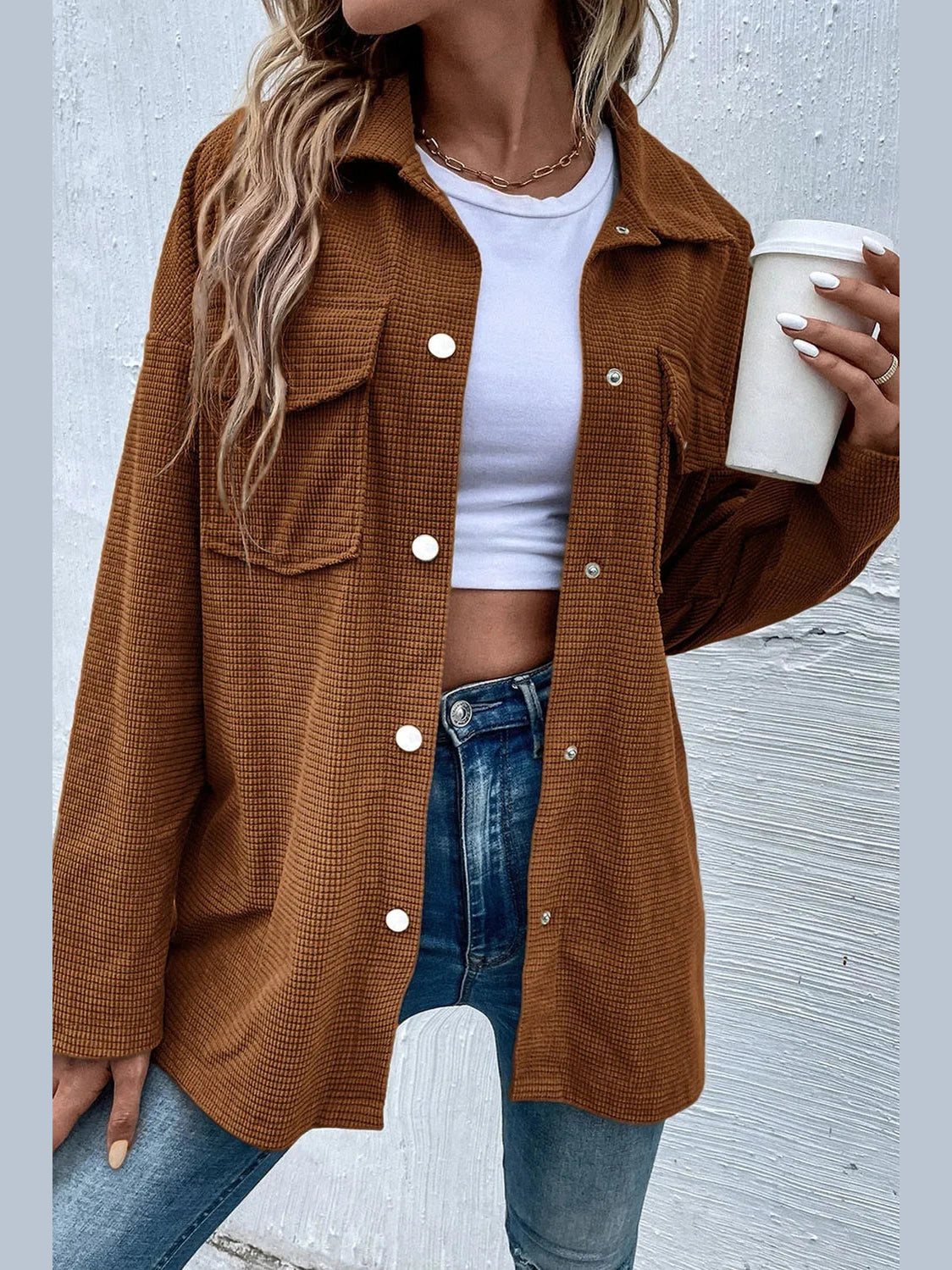 Pocketed Snap Down Long Sleeve Jacket