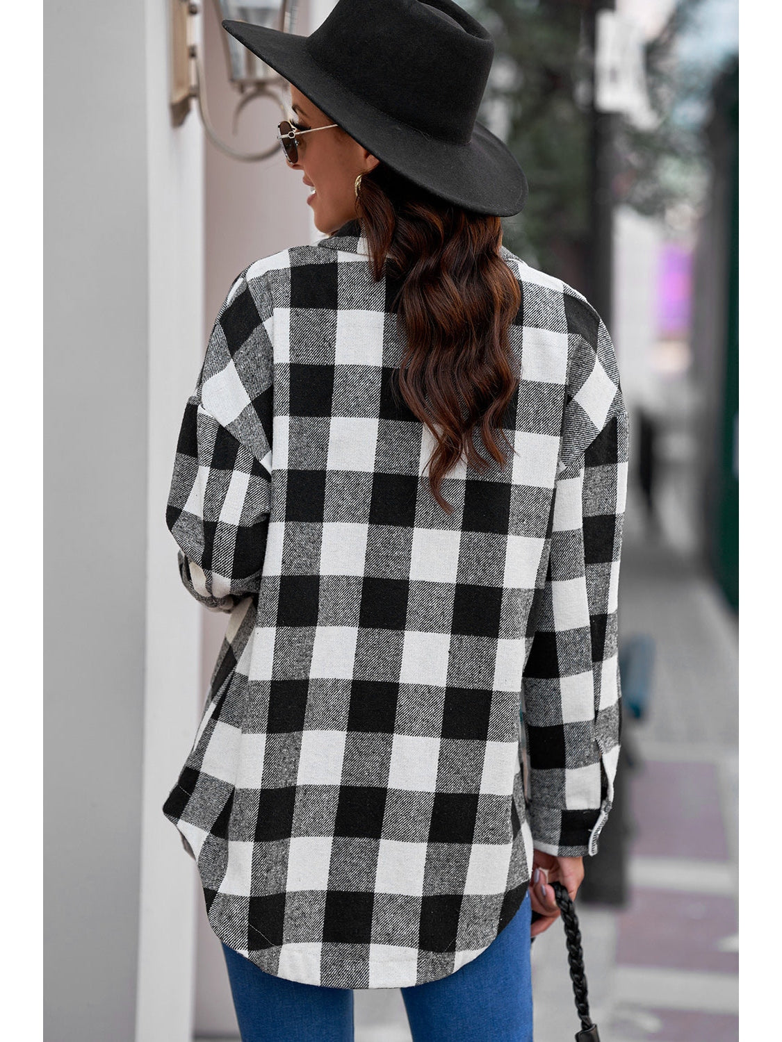 Plaid Curved Hem Dropped Shoulder Longline Shirt Jacket nicholesgifts