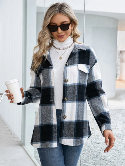 Ivy Lane Plaid Button Up Long Sleeve Shacket Trendsi