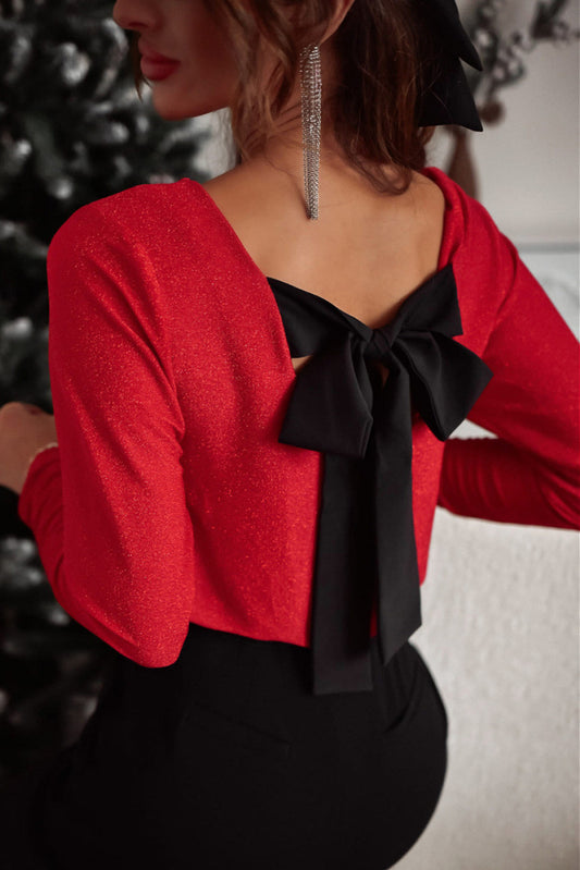 NicholesGifts Women Bowknot V-Neck Long Sleeve Blouse NicholesGifts