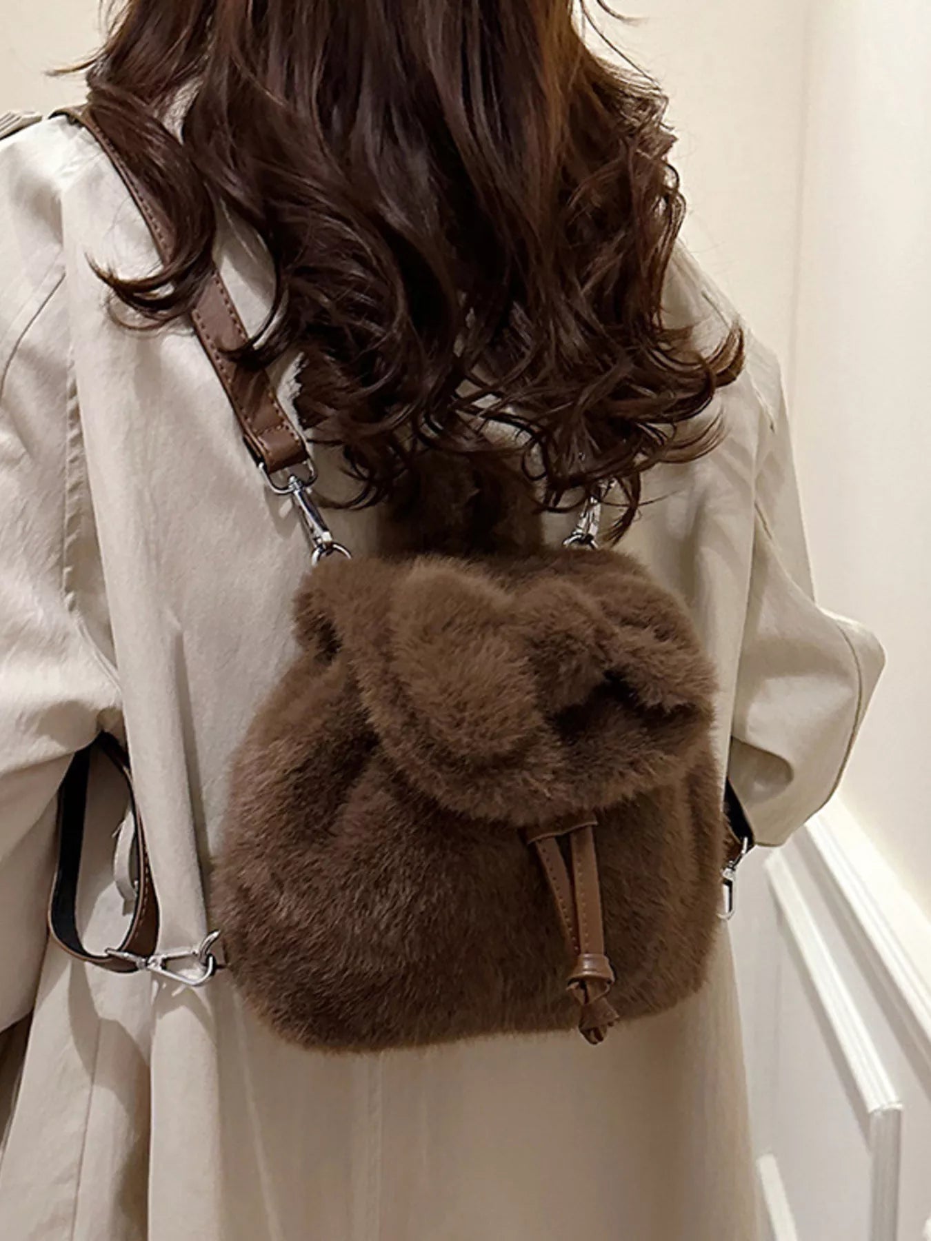 Fuzzy Plush Drawstring Backpack Bag nicholesgifts