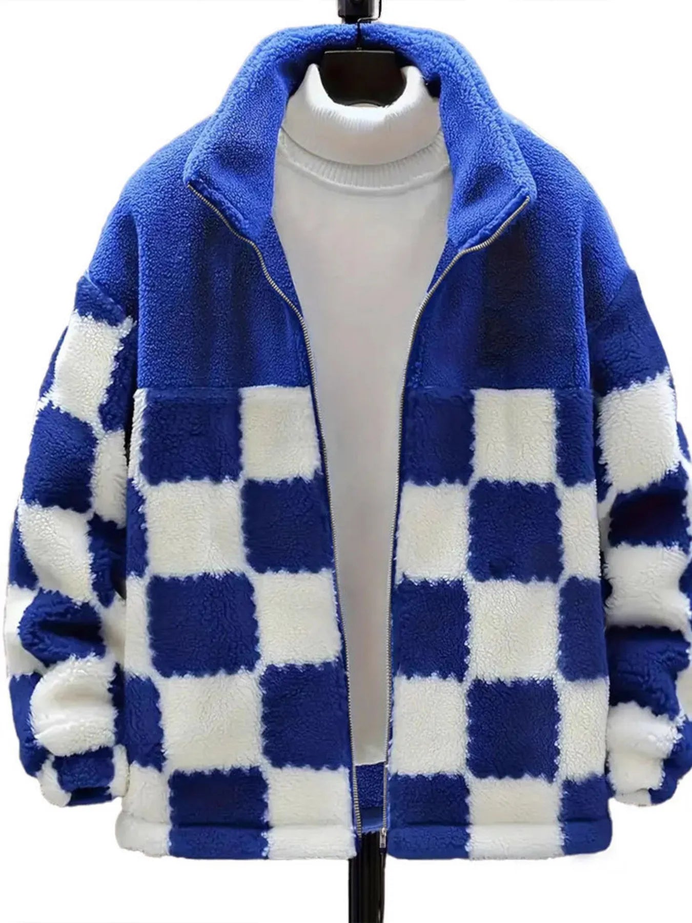 Checkered Fleece Oversized Zip Up Jacket Trendsi