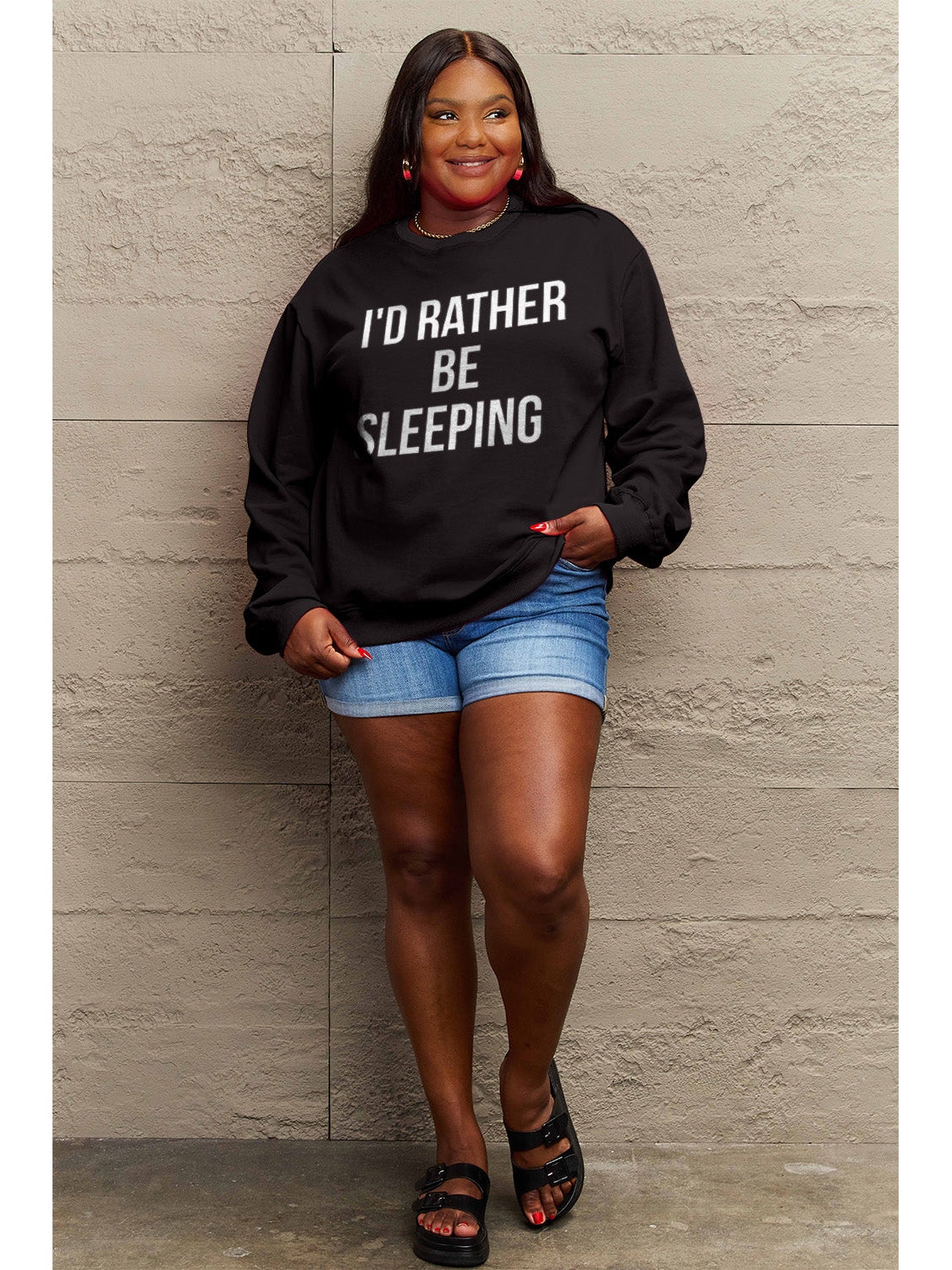 Simply Love Full Size I'D RATHER BE SLEEPING Round Neck Sweatshirt nicholesgifts