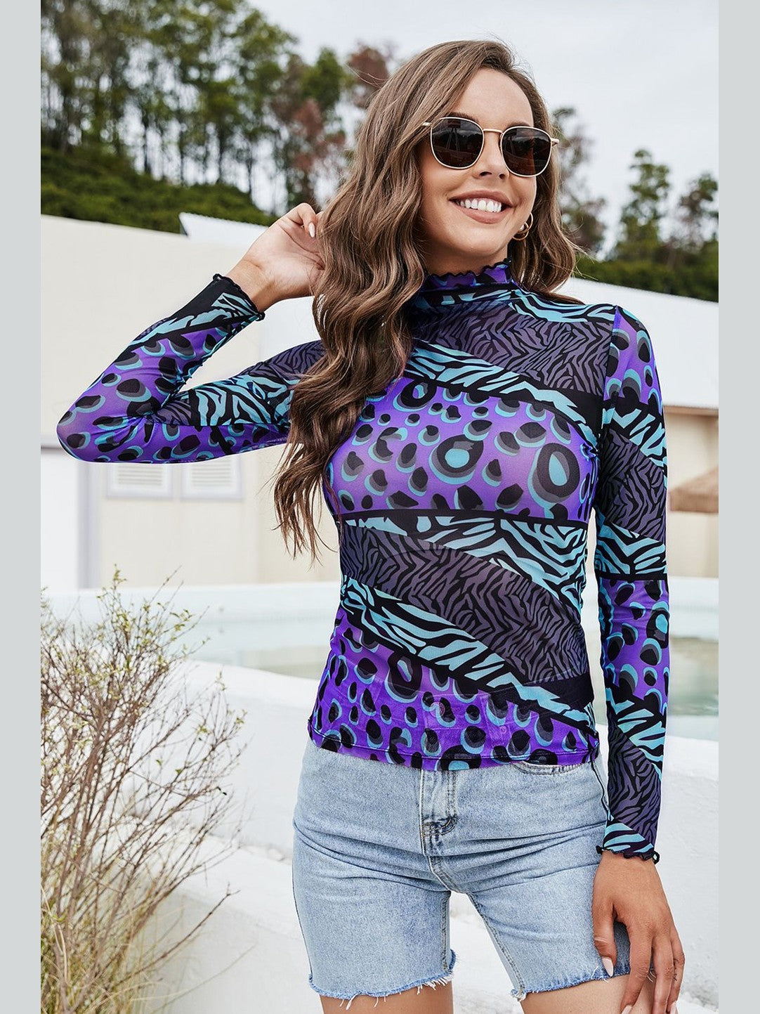 Printed Mock Neck Long Sleeve Blouse NicholesGifts