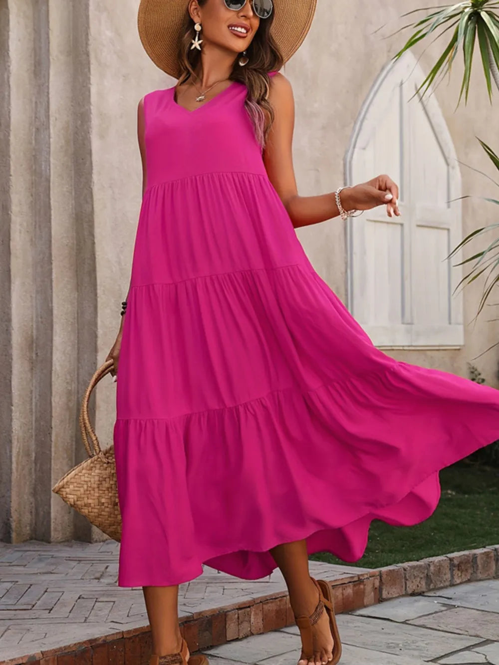 Tiered V-Neck Sleeveless Dress NicholesGifts
