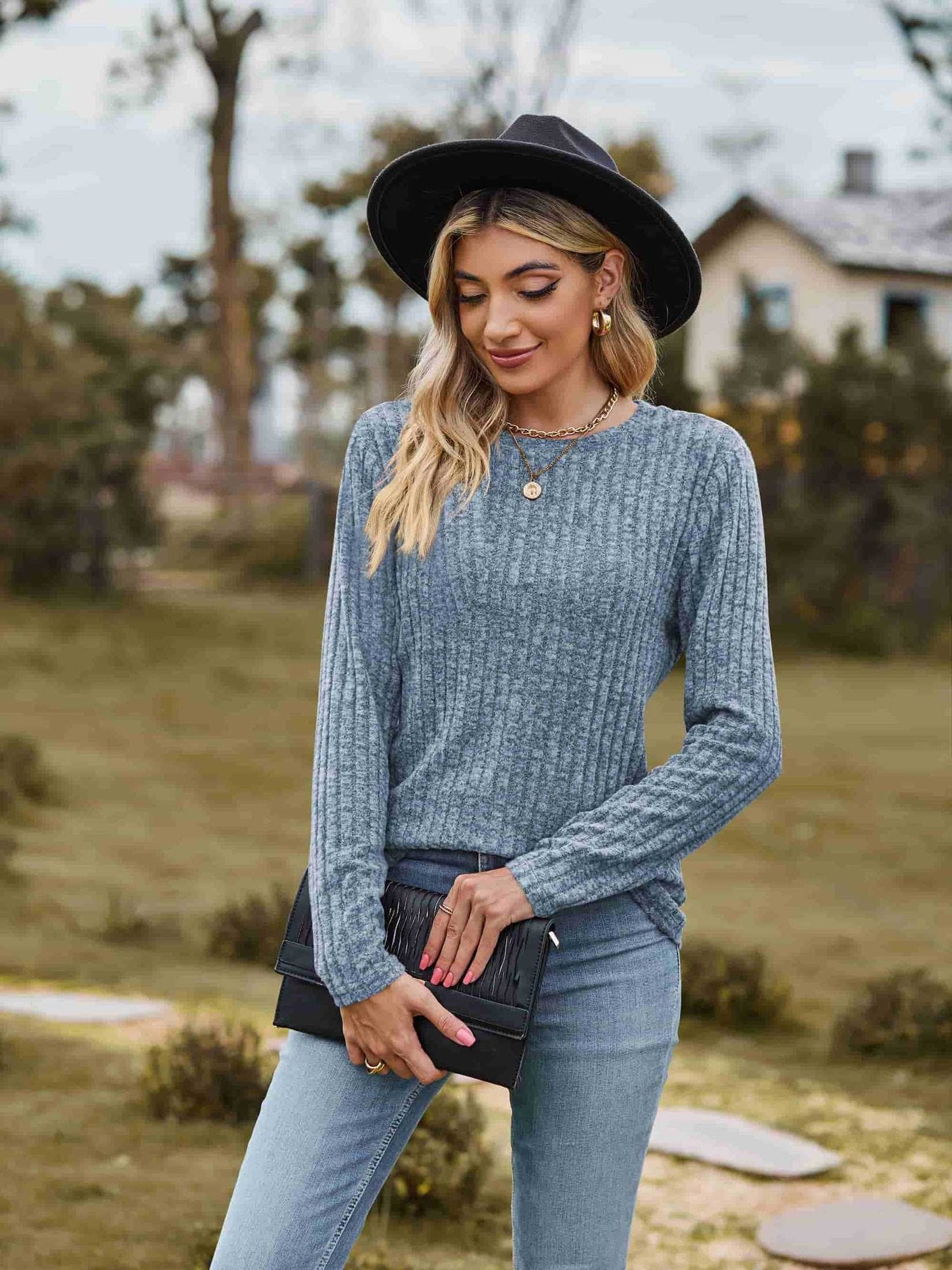 Ribbed Round Neck Long Sleeve Tee NicholesGifts