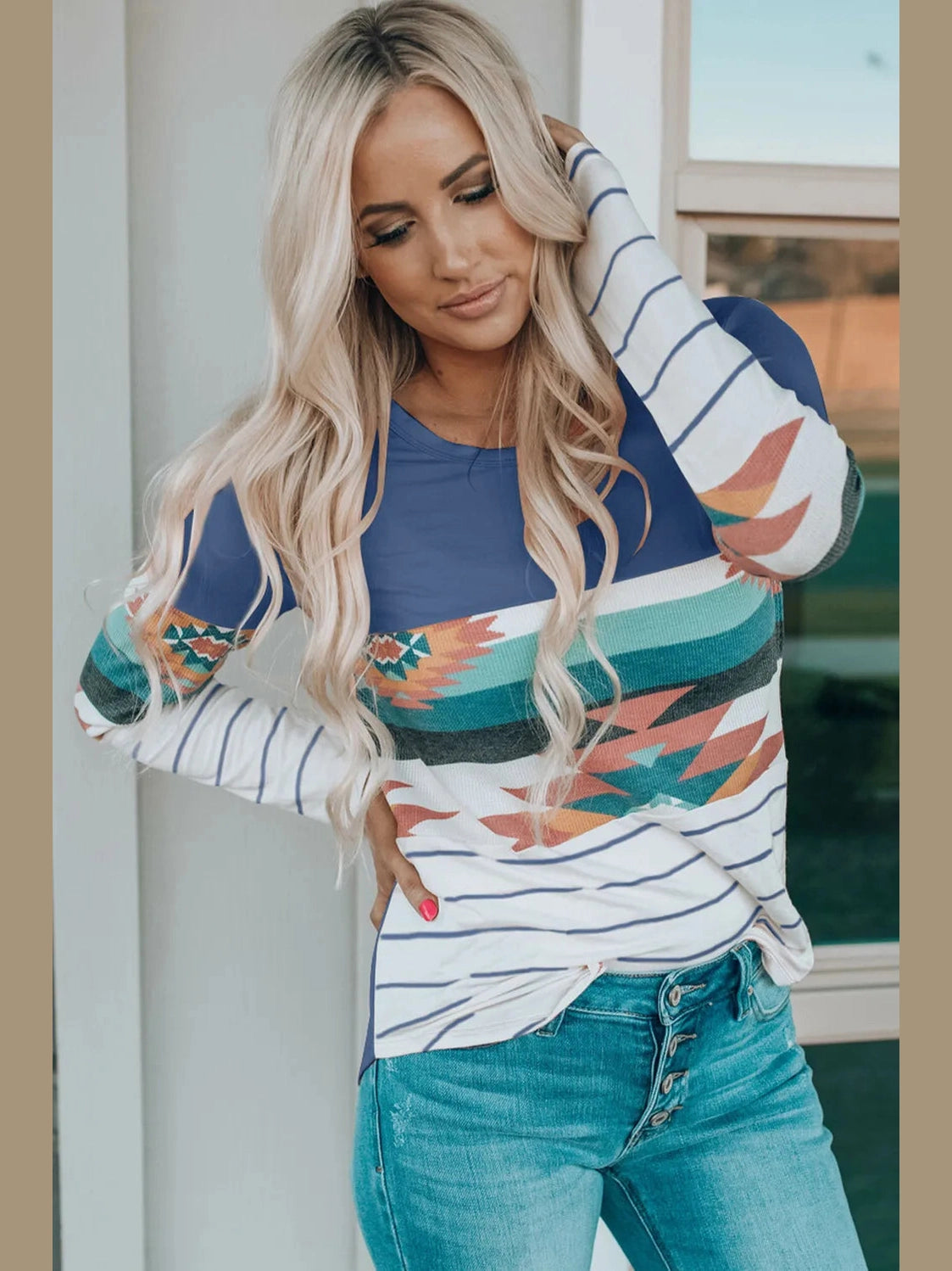 Geometric Round Neck Long Sleeve T-Shirt