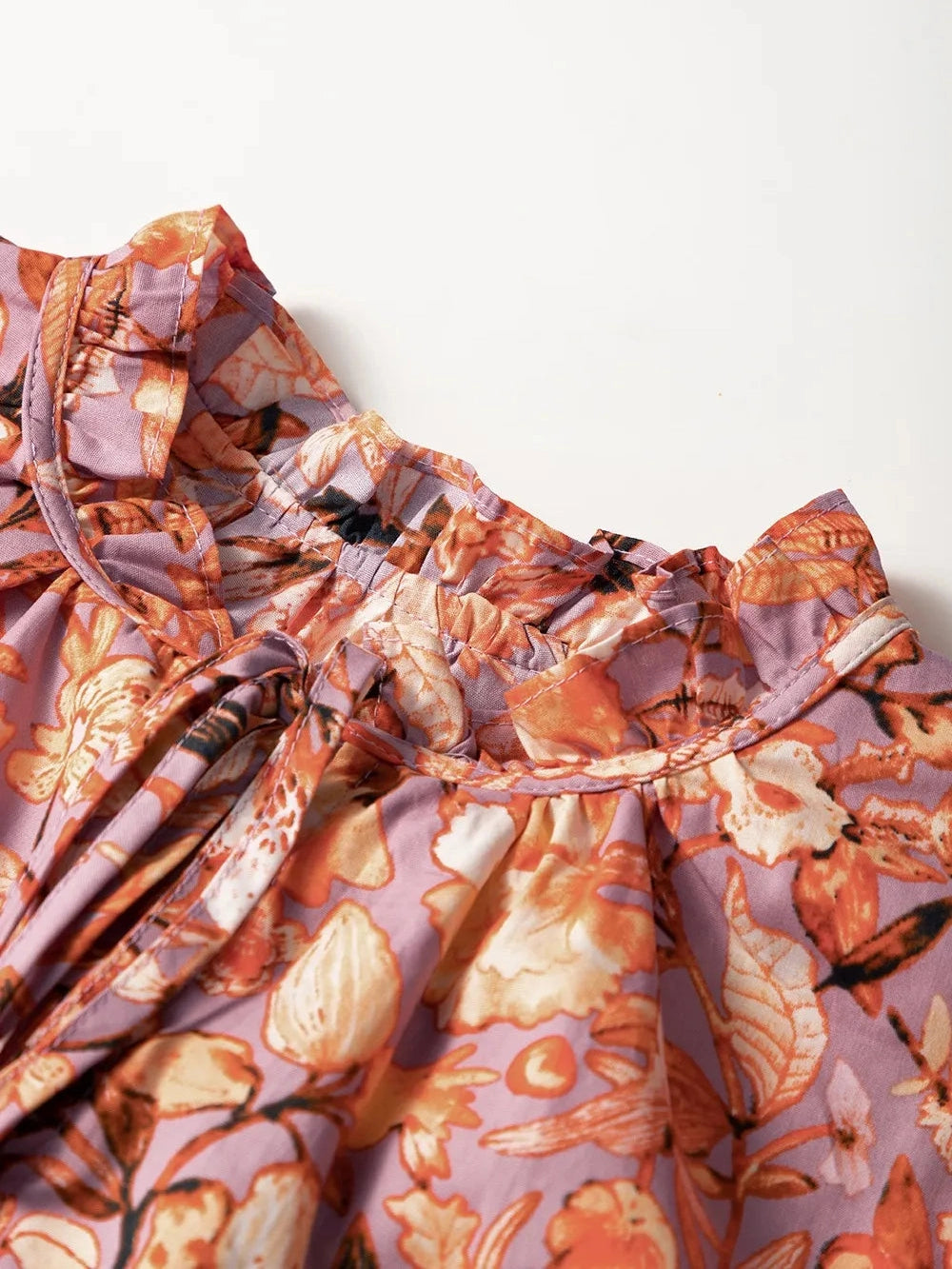 Floral Ruffled Layered Short Sleeve Tie Neck Blouse NicholesGifts
