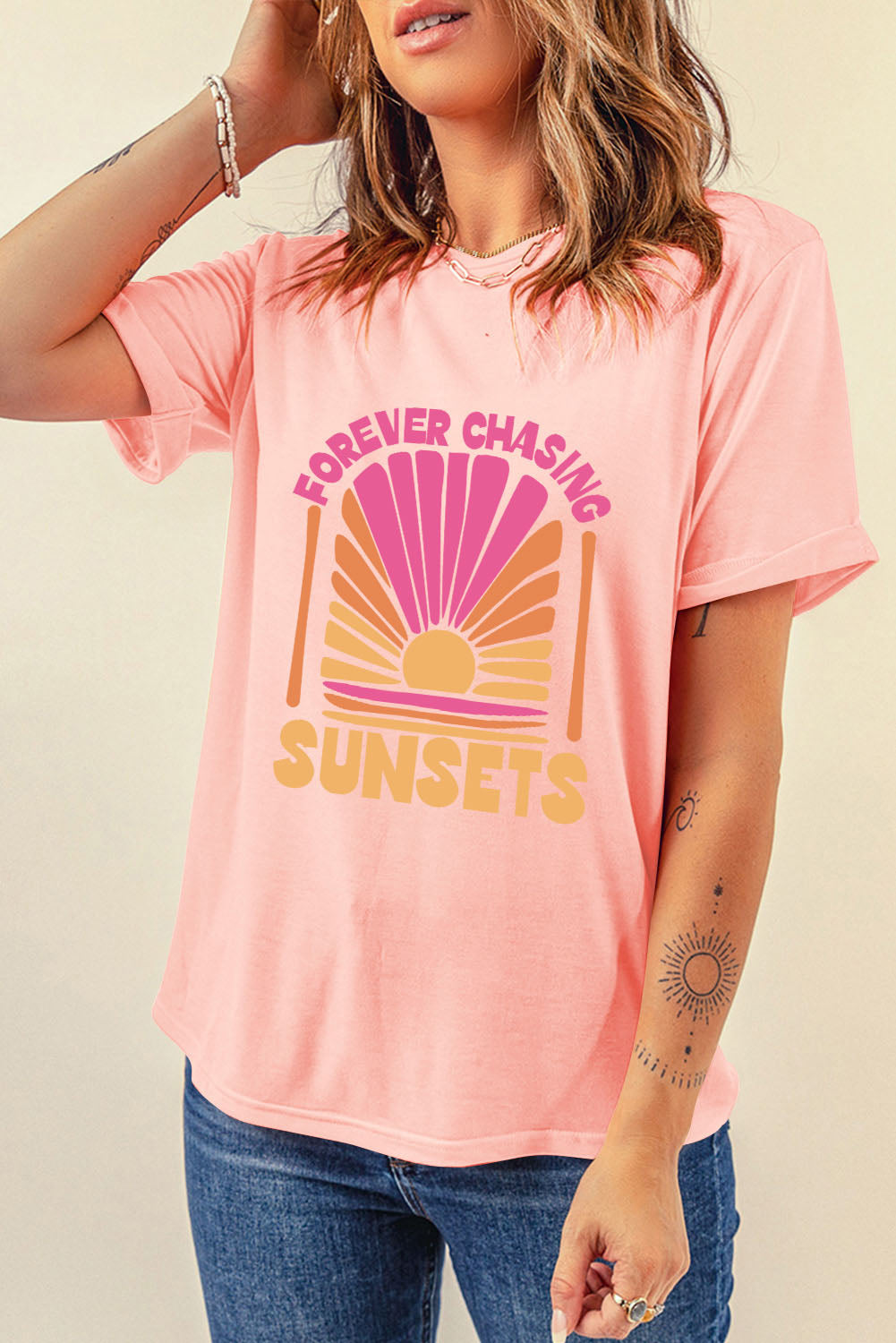 Women Forever Chasing Sunsets Round Neck T-Shirt - NicholesGifts.online