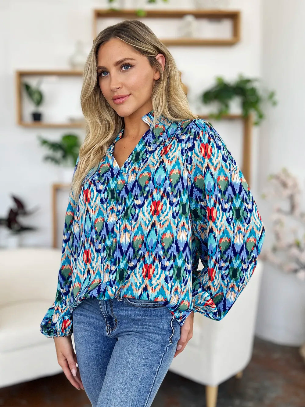 Double Take Full Size Printed Balloon Sleeve Blouse nicholesgifts