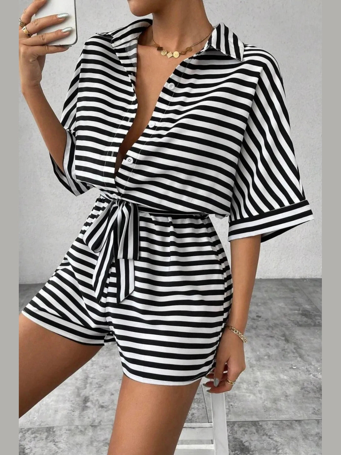 Striped Collared Neck Tie Waist Romper nicholesgifts