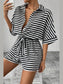 Striped Collared Neck Tie Waist Romper nicholesgifts