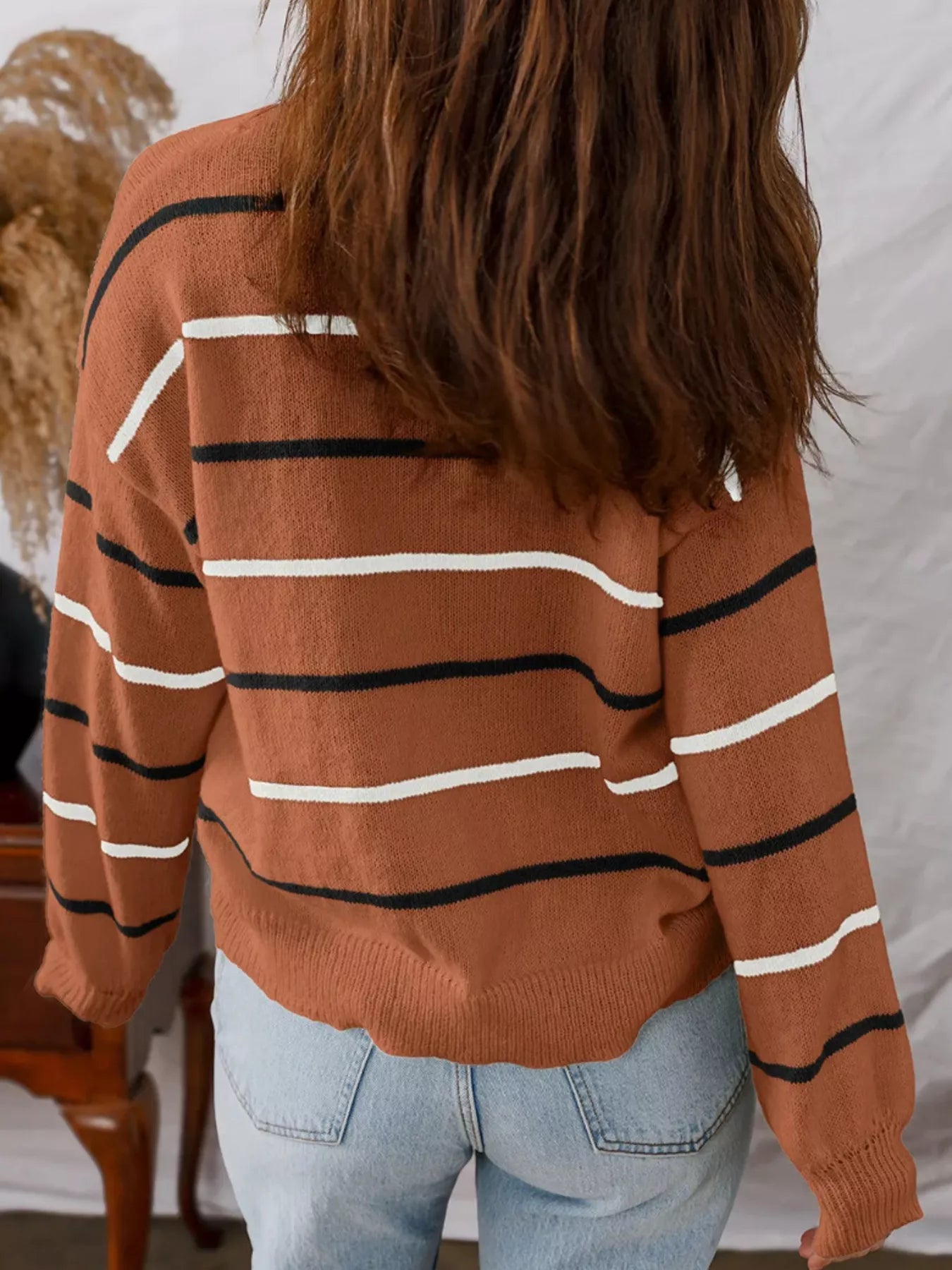 Striped Round Neck Drop Shoulder Sweater NicholesGifts