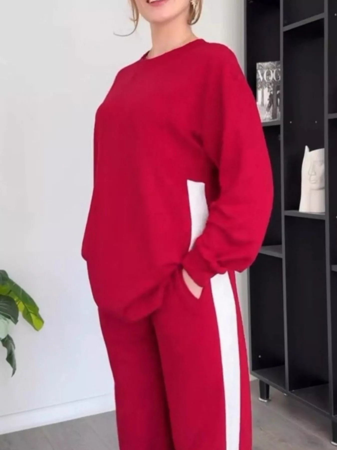 Full Size Contrast Round Neck Top and Pants Set Plus Size nicholesgifts
