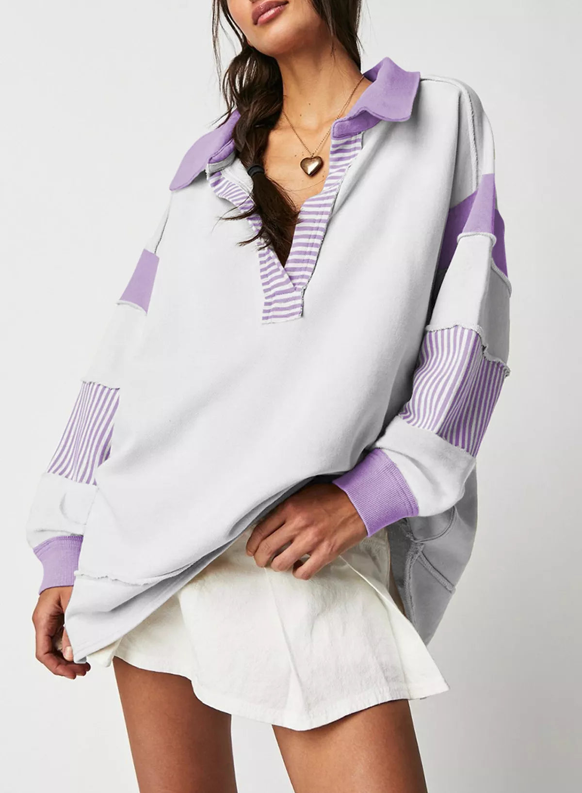 Color Block Striped Johnny Collar Sweatshirt nicholesgifts