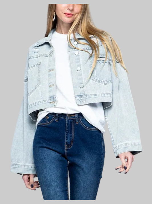 NicholesGifts Women Cropped Collared Neck Dropped Shoulder Denim Jacket nicholesgifts
