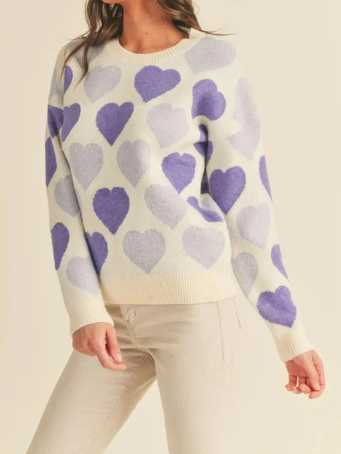 Women Heart Ribbed Hem Long Sleeve Sweater For Valentine's Day Gift For Her nicholesgifts
