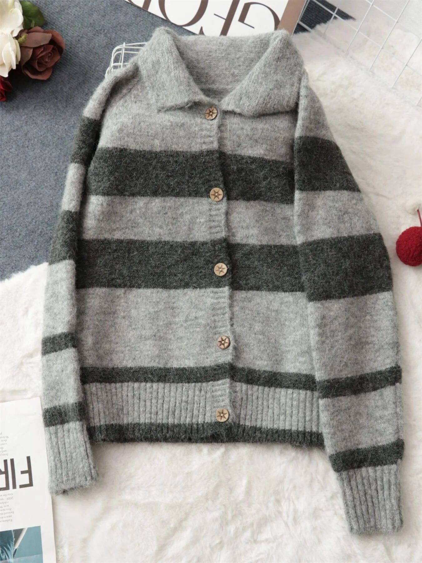 Striped Button-Up Cozy Cardigan