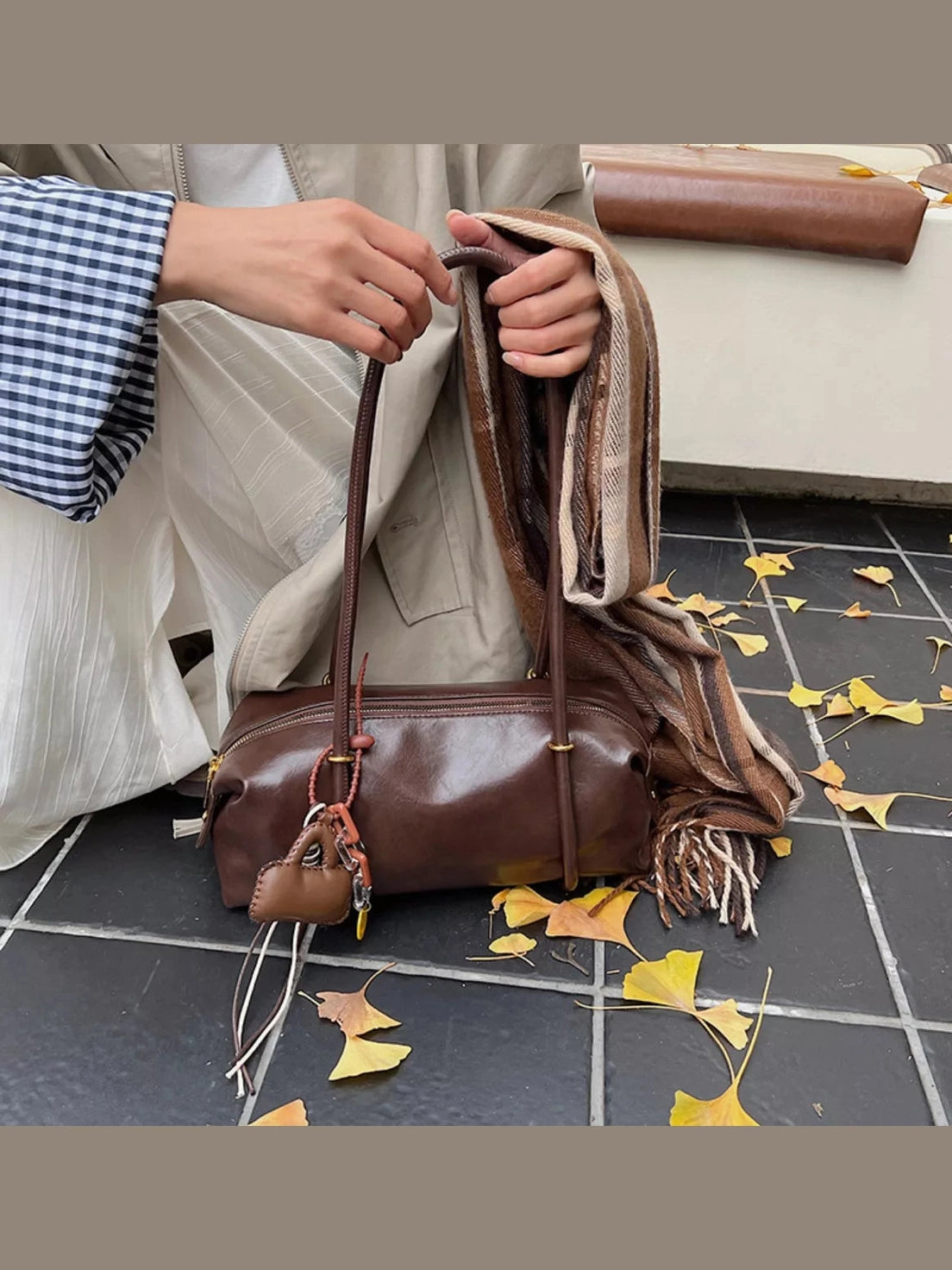 Leather Shoulder Bag with Charm nicholesgifts