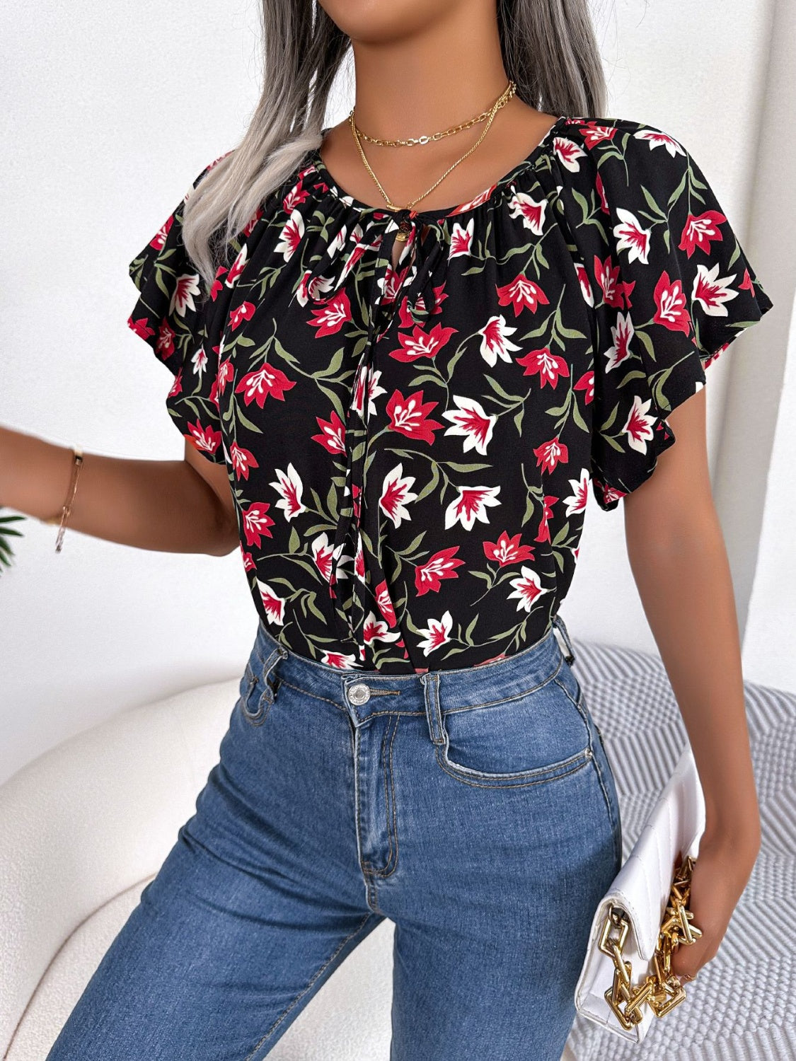 Floral Tie Neck Flutter Sleeve Blouse nicholesgifts