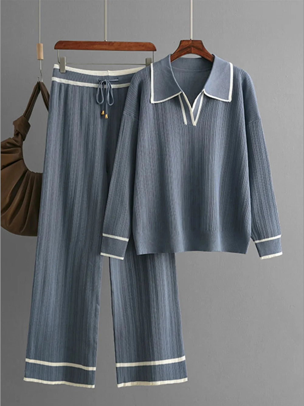 Contrast Trim Johnny Collar Top and Drawstring Pants Sweater Set nicholesgifts