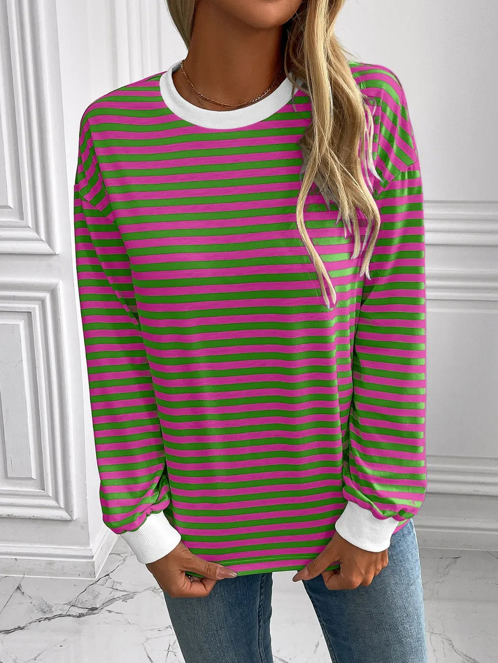 Ivy Lane Striped Round Neck Long Sleeve Sweatshirt Trendsi