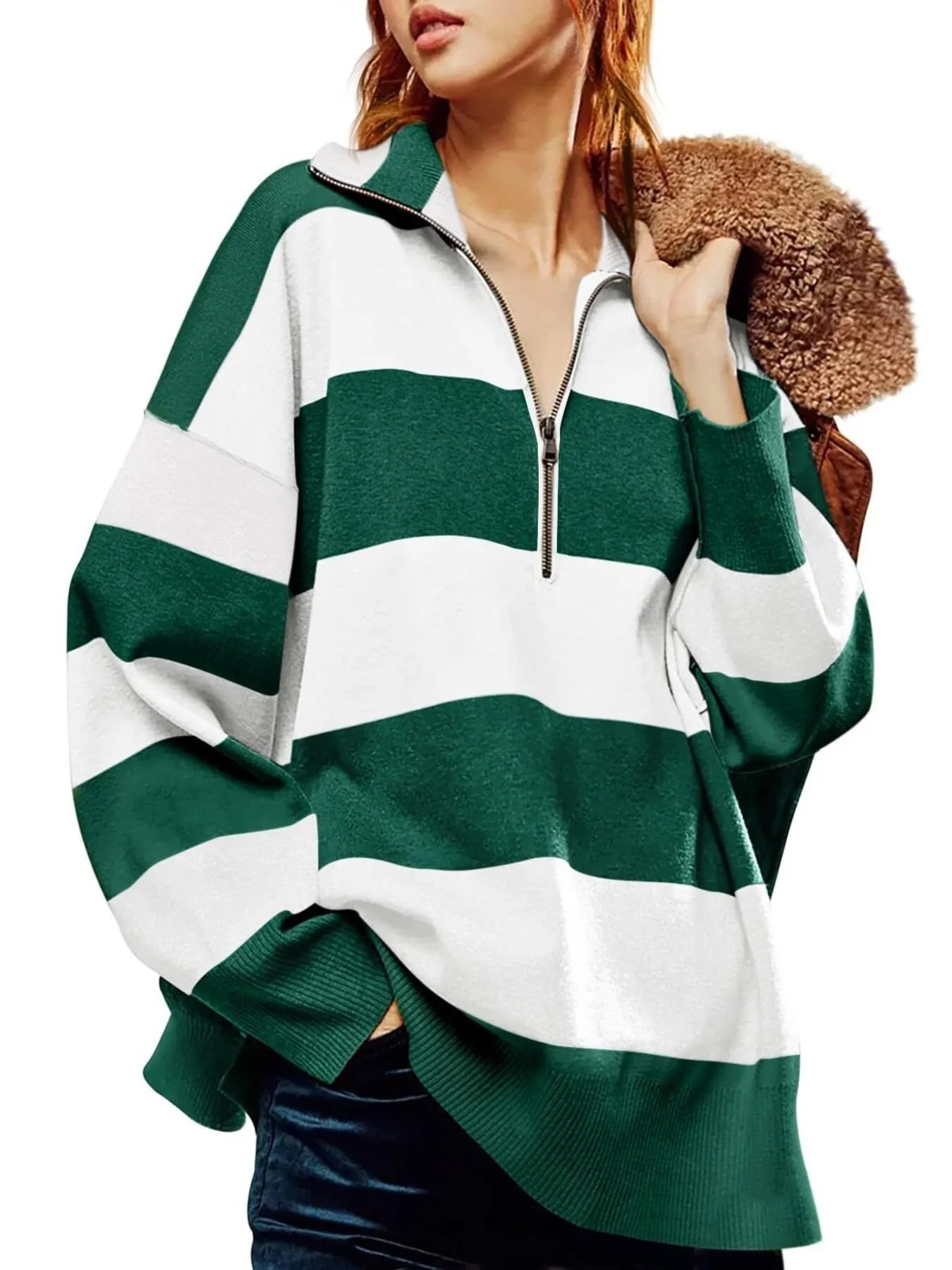 Striped Half-Zip Oversized Sweatshirt NicholesGifts