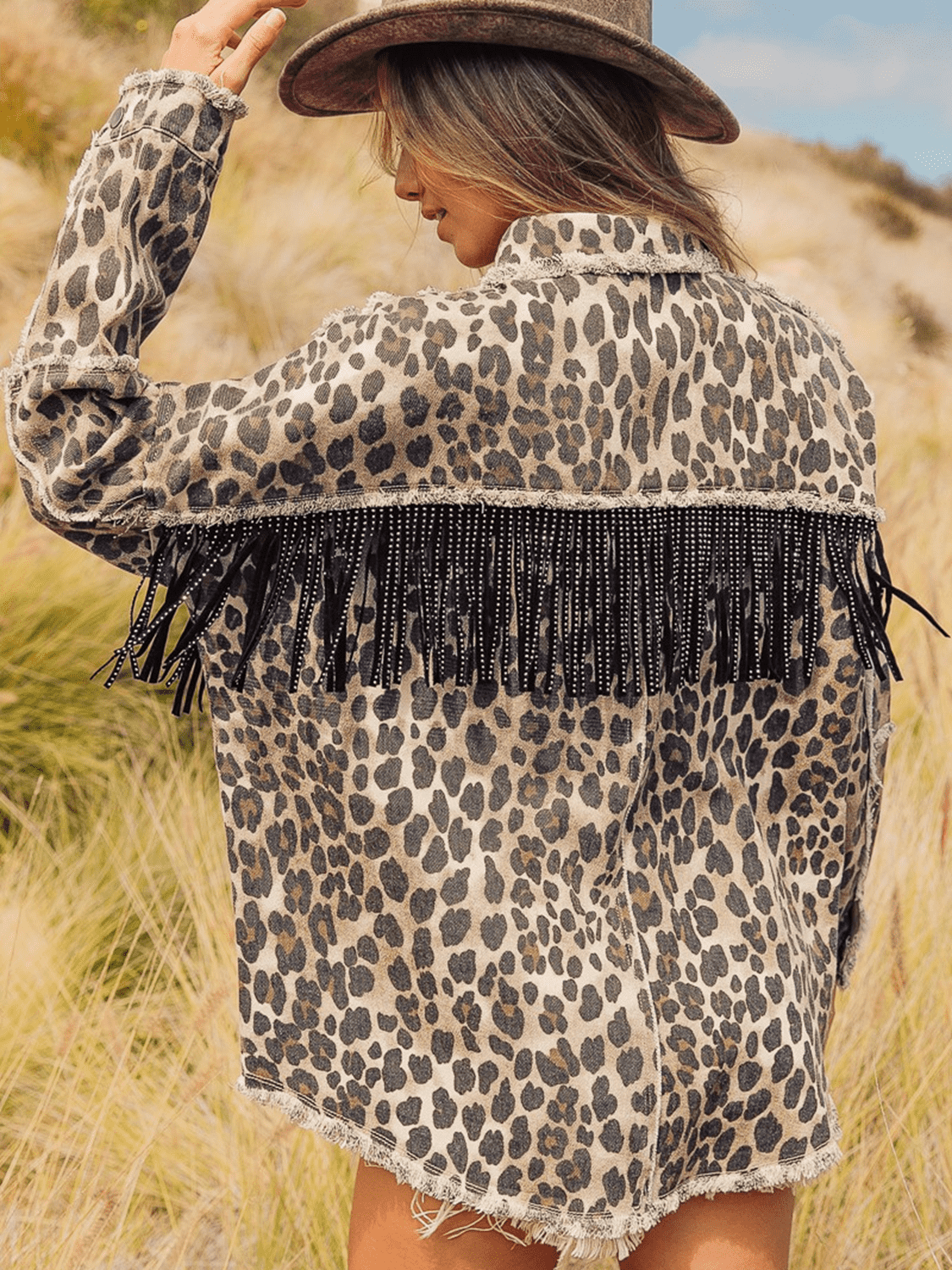Leopard Fringe Detail Collared Neck Denim Jacket nicholesgifts