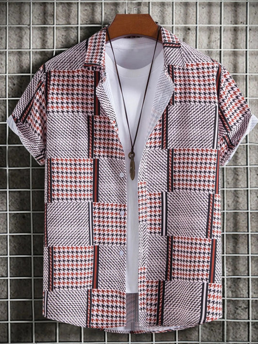 Men's Plus Size Patchwork Plaid Short Sleeve Casual Shirt Trendsi