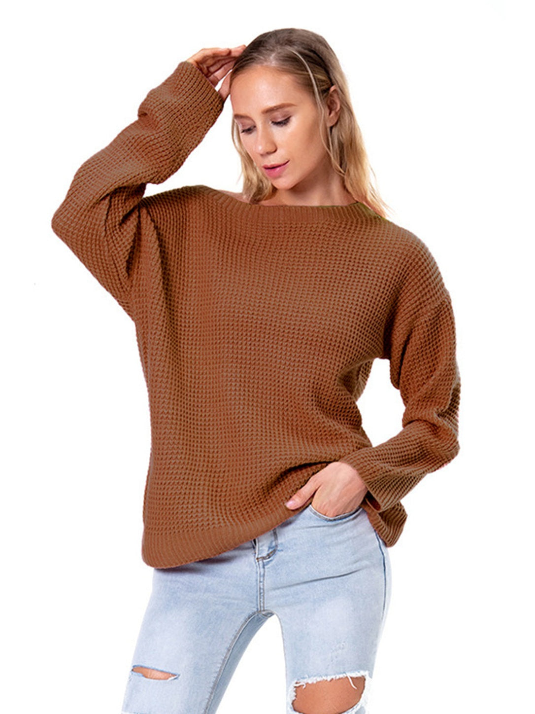 Boat Neck Drop Shoulder Long Sleeve Sweater nicholesgifts