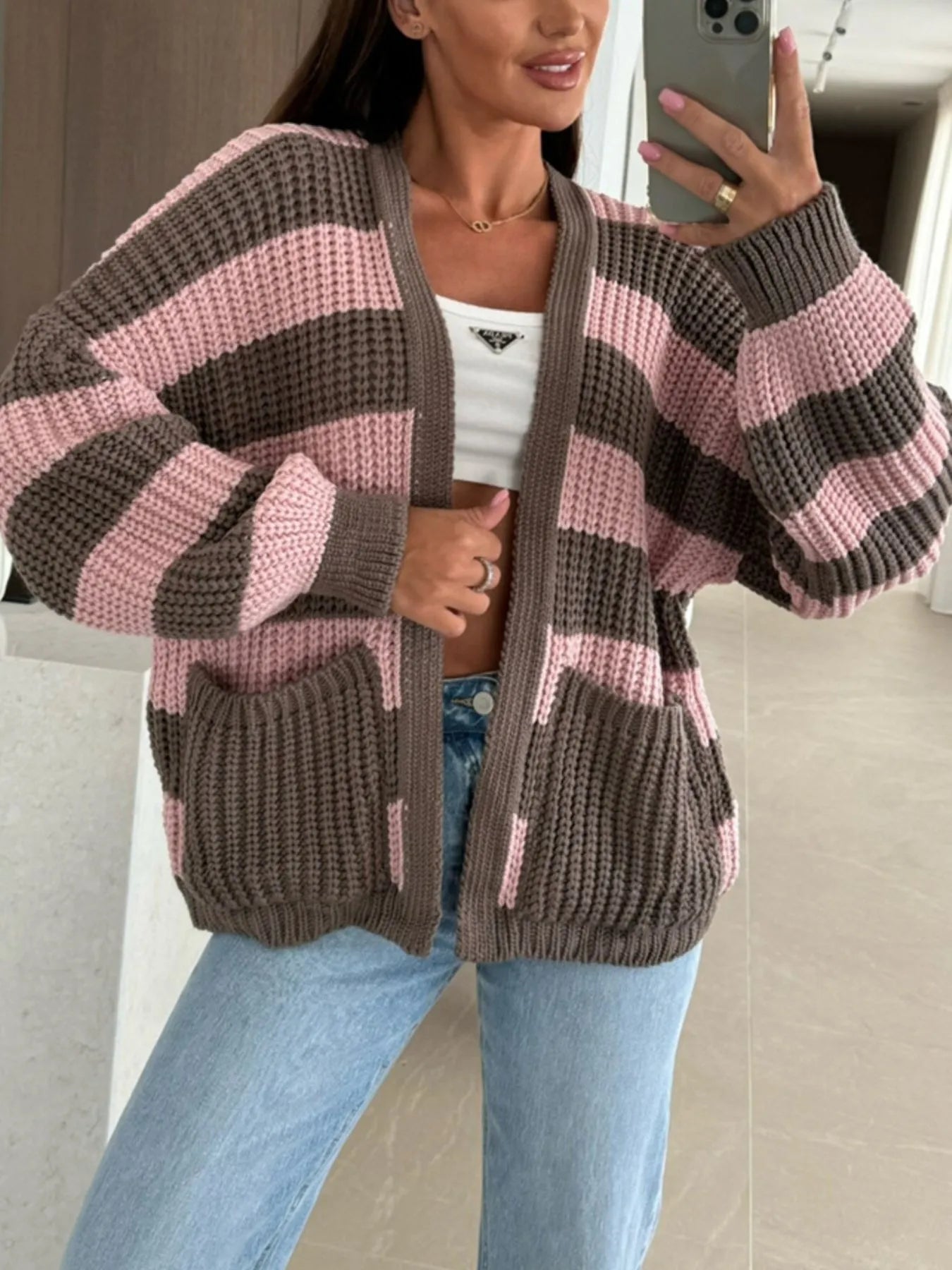 Striped Open Front Long Sleeve Cardigan Trendsi