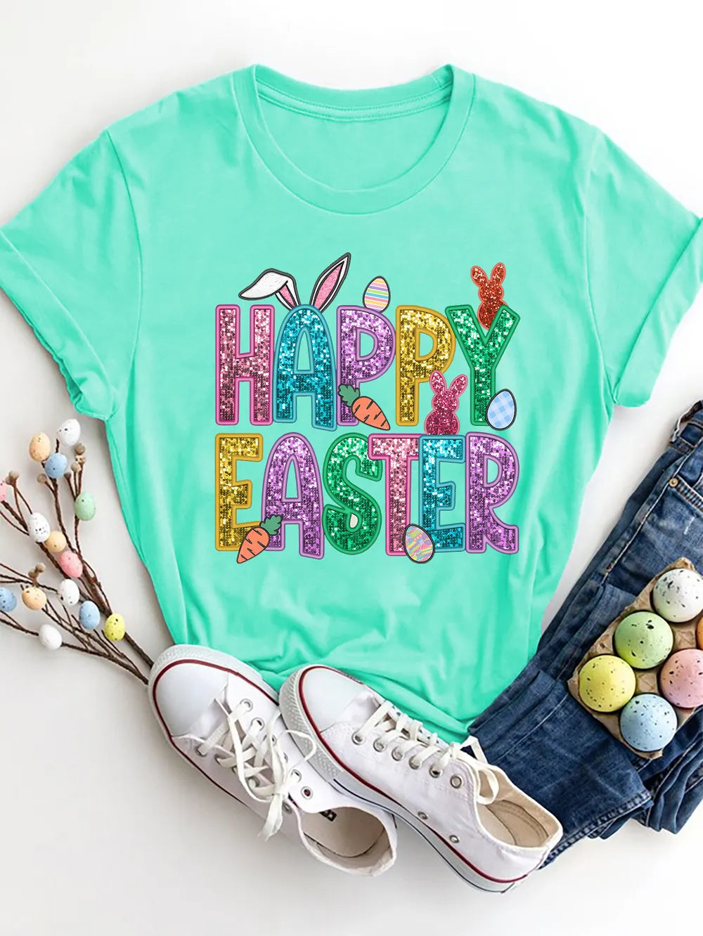 HAPPY EASTER Round Neck Short Sleeve T-Shirt nicholesgifts
