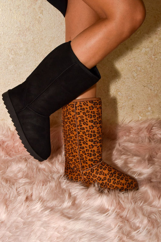 Women WILD DIVA Leopard Suede Round Toe Boots NicholesGifts
