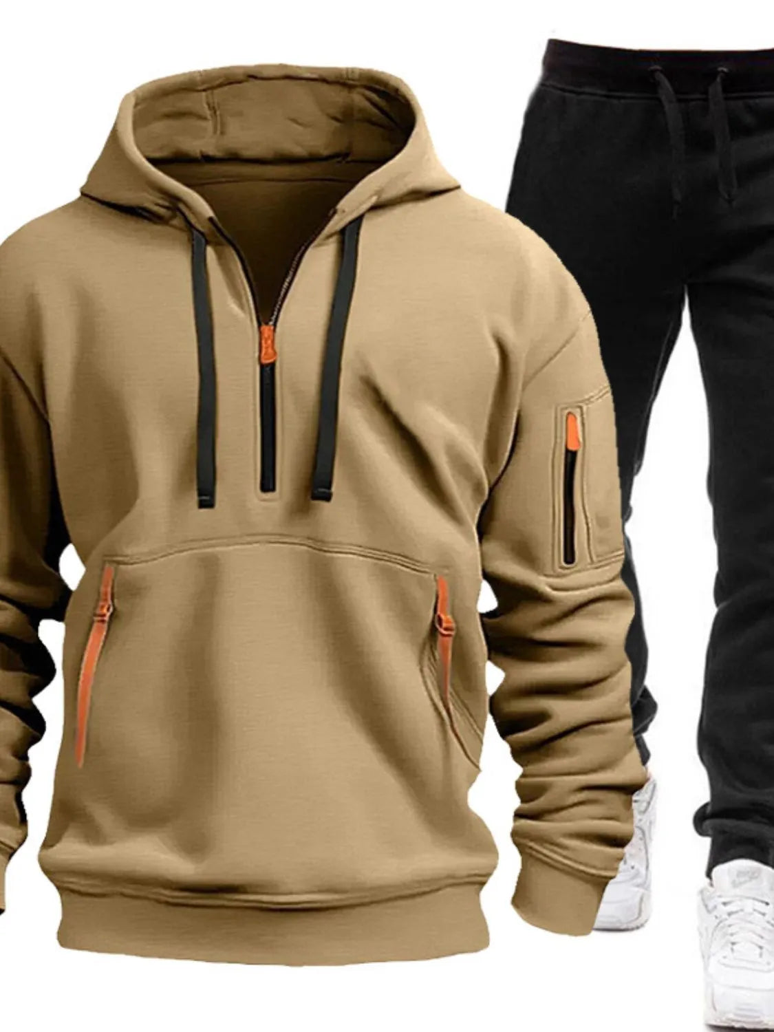 Men's Full Size Drawstring Half Zip Hoodie and Pants Set Plus Size NicholesGifts