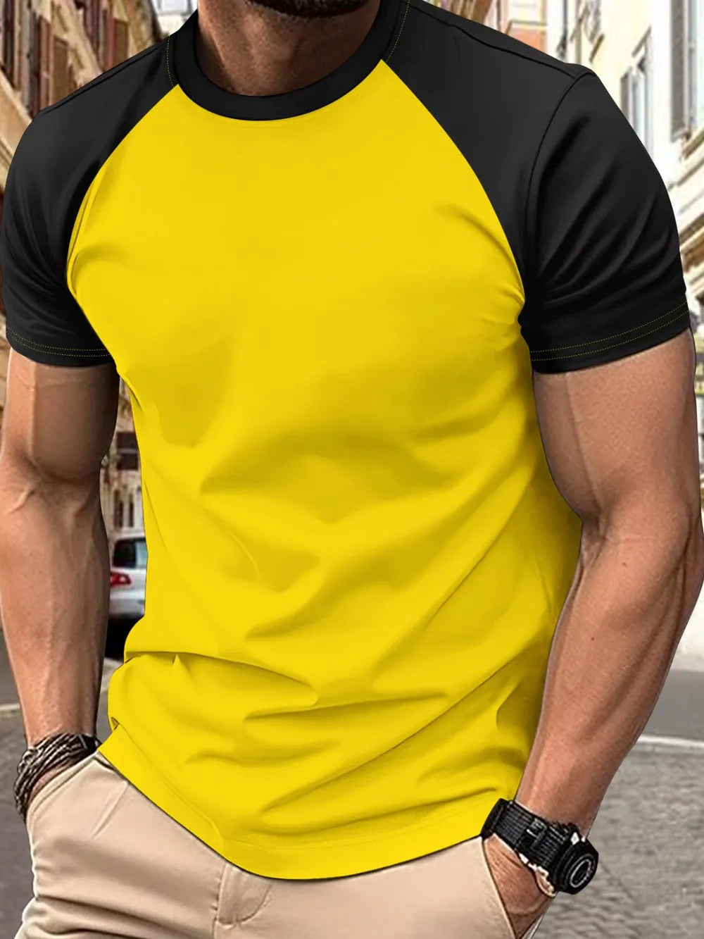 Men's Full Size Round Neck Contrast T-Shirt Plus Size Trendsi