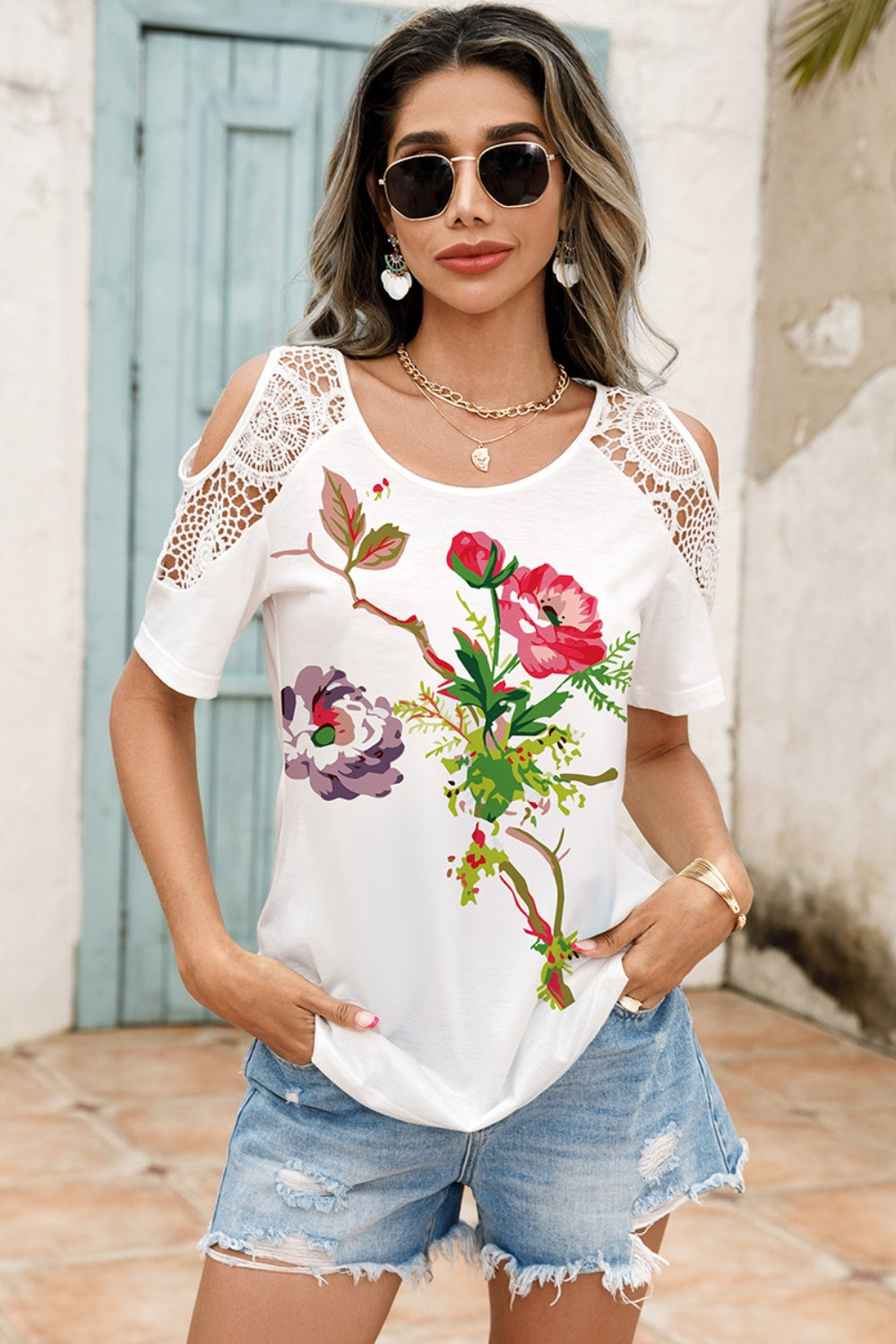 Lace Detail Round Neck Cold Shoulder Blouse nicholesgifts